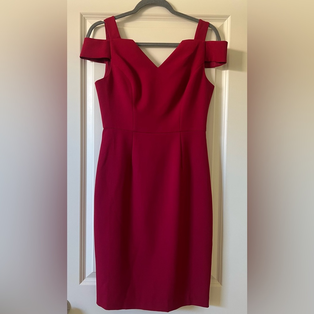 NWT White House Black Market Cerise Red Cold Shoulder Sheath Midi Dress Size 2